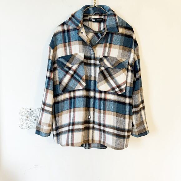 Zara Blue and Brown Plaid Fleece Roll Tab Sleeve Shacket Shirt Jacket M - Picture 1 of 9